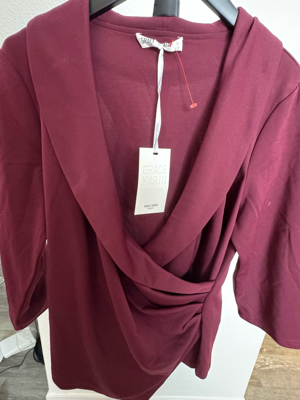 Grace Karin Burgundy Draped Wrap-Front Long Sleeve blouse NWT